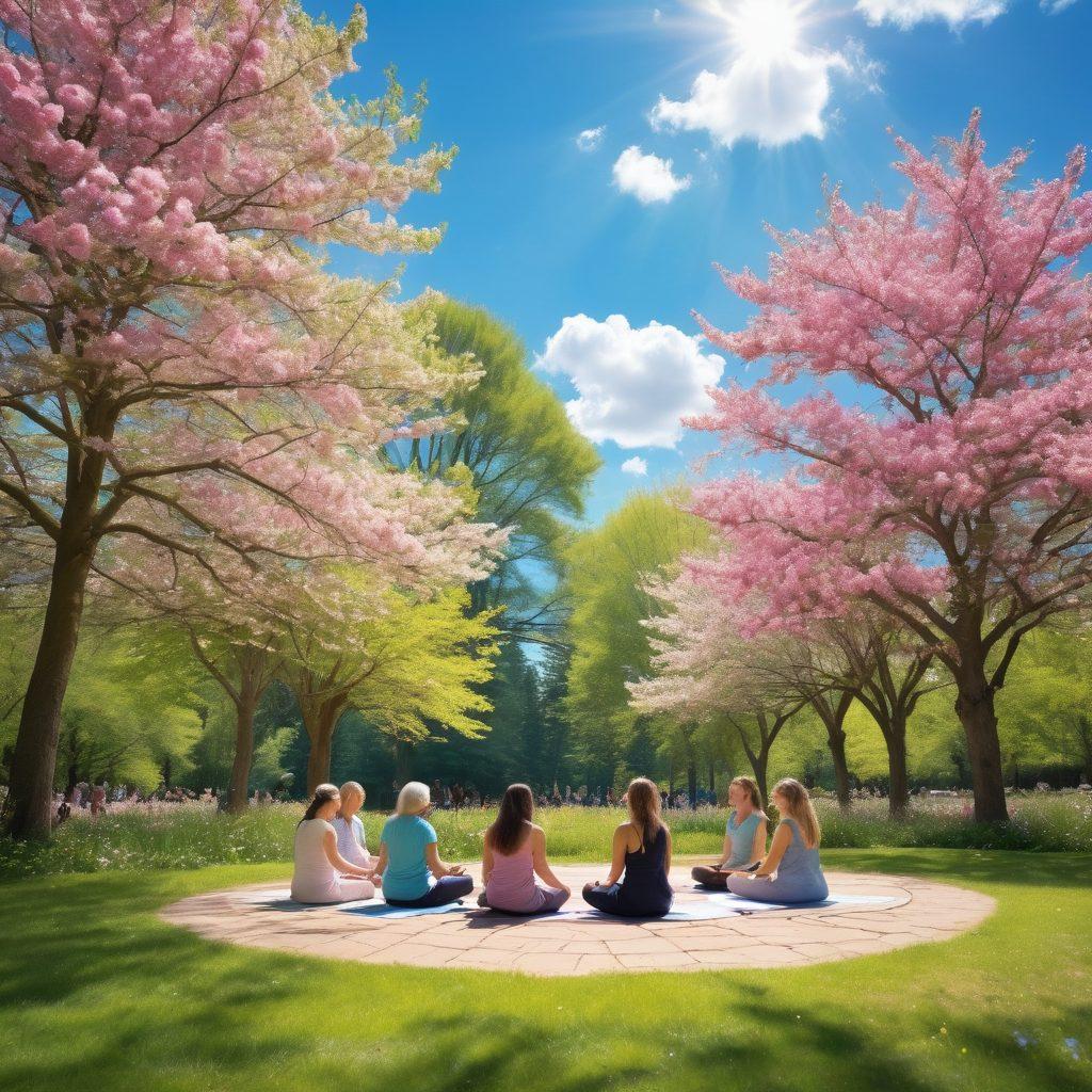 A serene landscape featuring a diverse group of people meditating in a sun-drenched park, surrounded by blooming flowers and tall trees. Each person represents a different age and ethnicity, radiating positive energy and gratitude. Wisps of colorful energy swirl around them, symbolizing emotional health and connection. Bright blue skies and fluffy clouds enhance the uplifting atmosphere. pastel colors. soft focus.