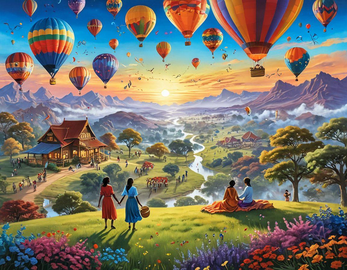 A serene landscape showcasing diverse individuals from various cultures celebrating together in harmony under a radiant sky filled with colorful balloons. The scene includes elements symbolizing joyfulness, like laughter, music notes, and peaceful nature. Incorporate vibrant flora and fauna to enhance emotional well-being. vibrant colors. super-realistic.
