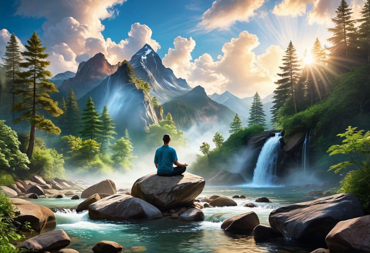 A serene landscape depicting a balanced life, featuring a person meditating on a mountain peak, surrounded by calming nature with flowing streams and lush greenery. Soft sunlight filters through clouds, creating a harmonious atmosphere. Include symbols of stress relief like flowing water, harmonious colors, and gentle waves of energy. super-realistic. vibrant colors. calming tones.